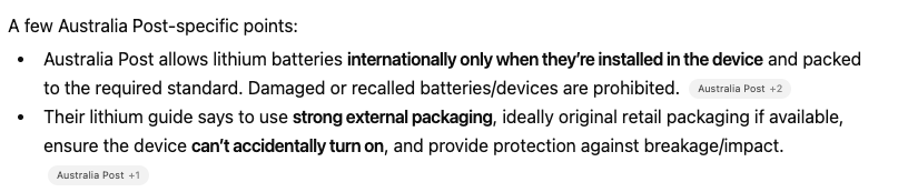 Australia Post website showing lithium battery rules for international parcels