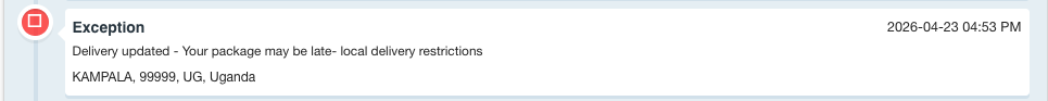 FedEx tracking notification showing a delivery restrictions flag on the package