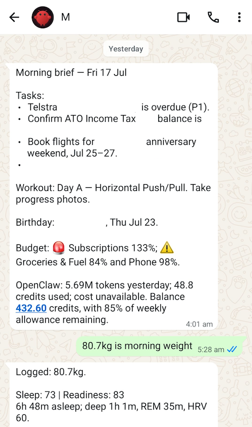 An OpenClaw morning brief and follow-up health summary in WhatsApp|333x564