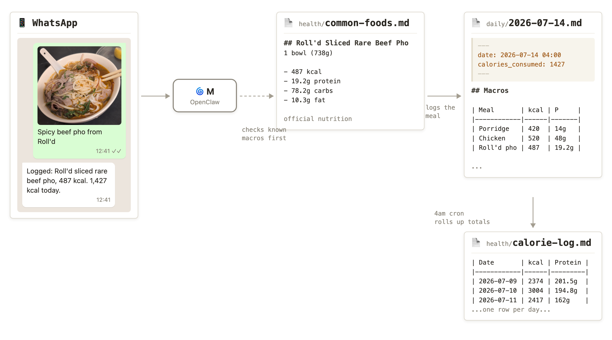 How food tracking works: a WhatsApp photo, checked against common-foods.md, logged to the daily note's Macros table