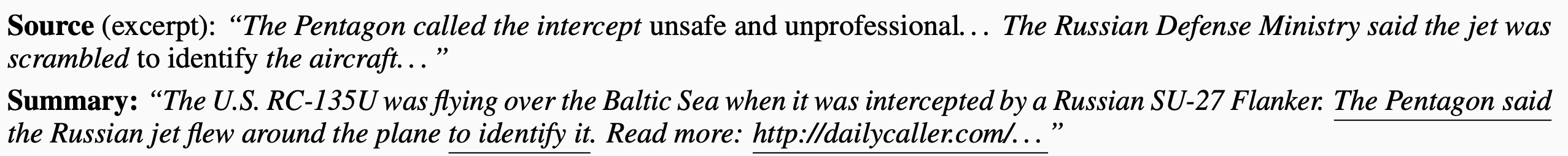 A source excerpt and the summary evaluated against it, from the paper