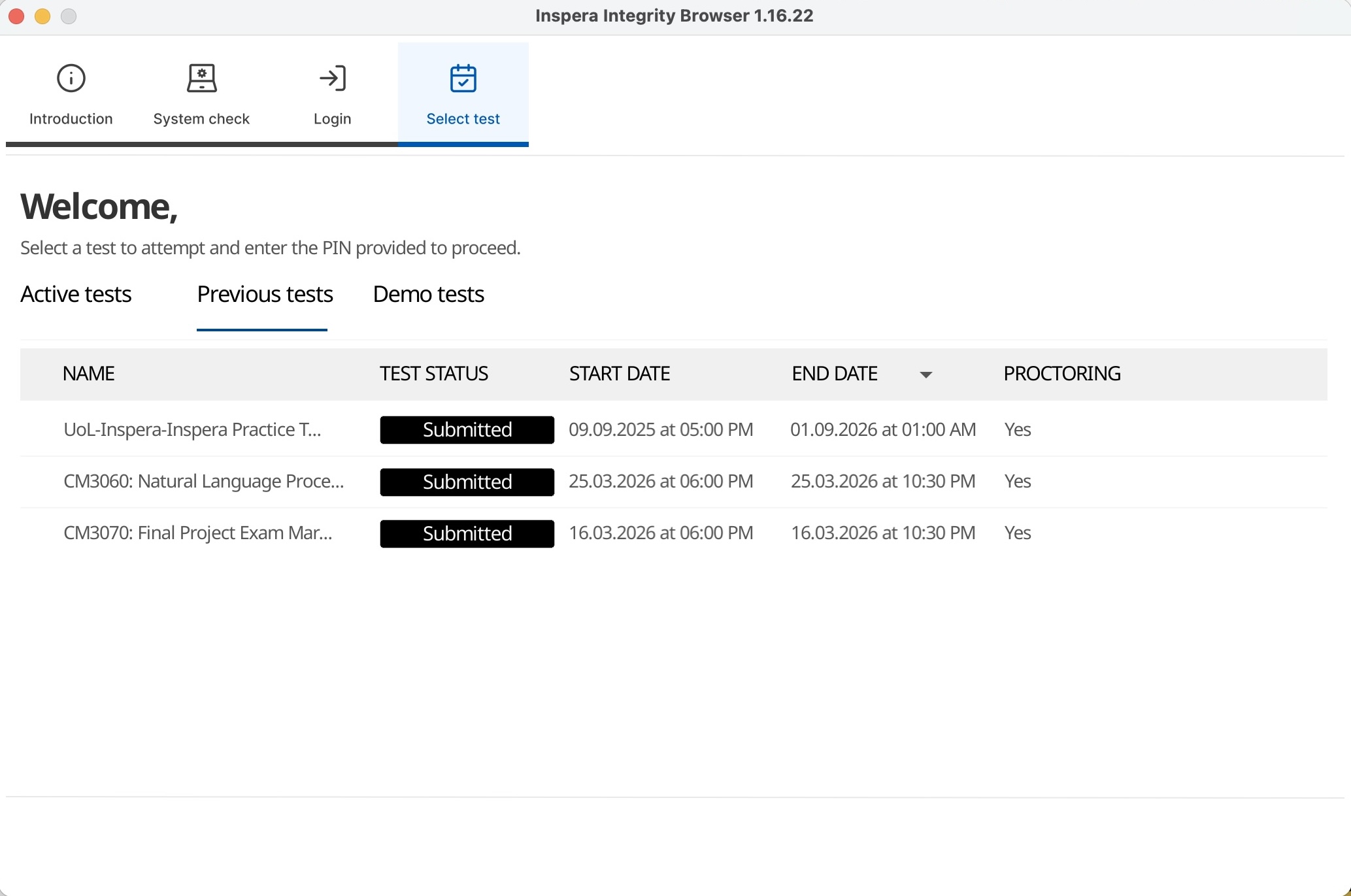 The Inspera Integrity Browser, showing my final two exams