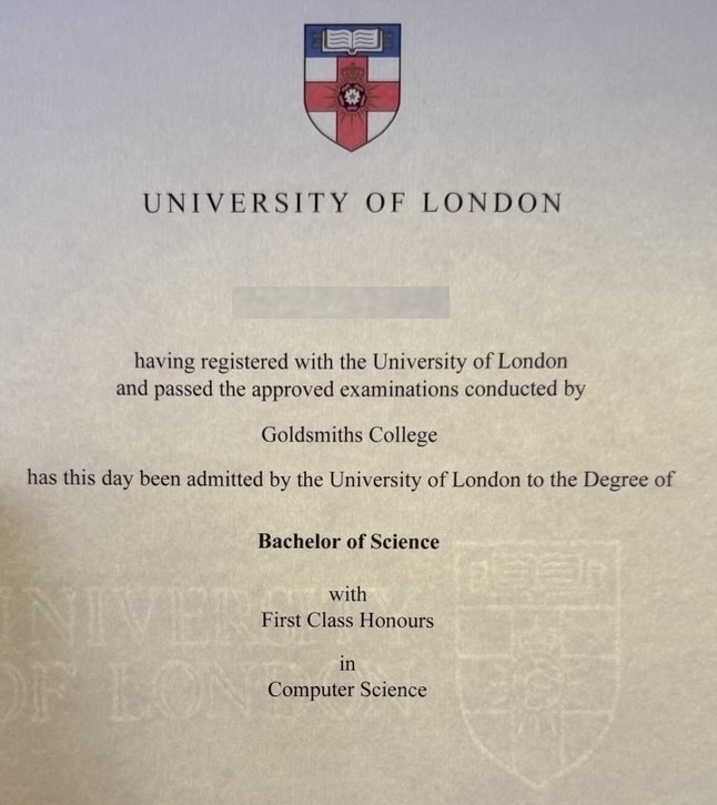 A classmate's University of London certificate (name blurred)