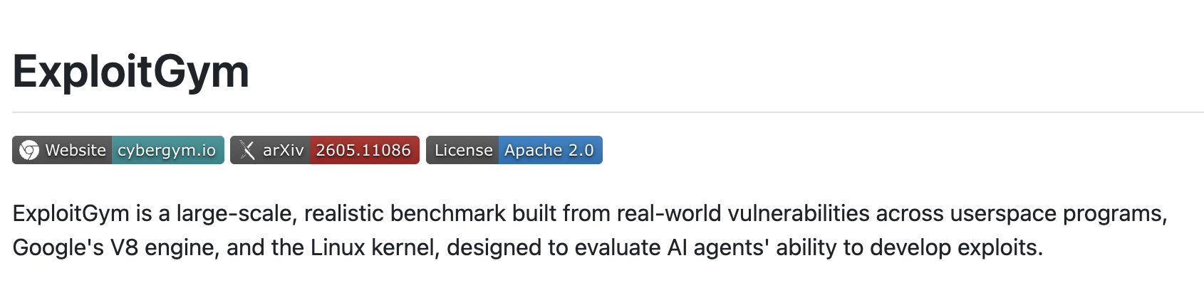 ExploitGym README describing its benchmark of AI agents developing exploits from real-world vulnerabilities