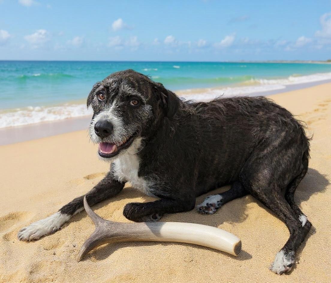 Doggo with antler bone in front of her