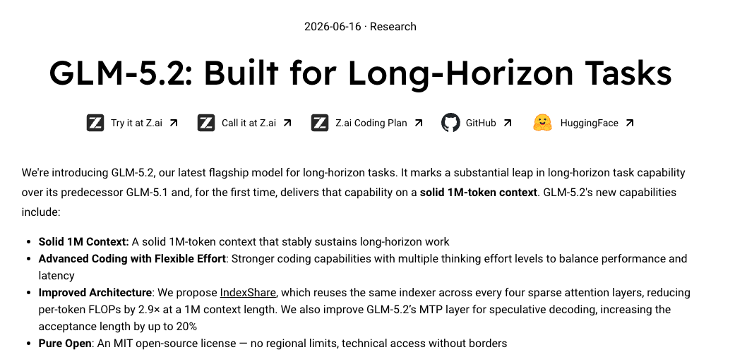 Z.ai's GLM-5.2 announcement describing the model as built for long-horizon tasks