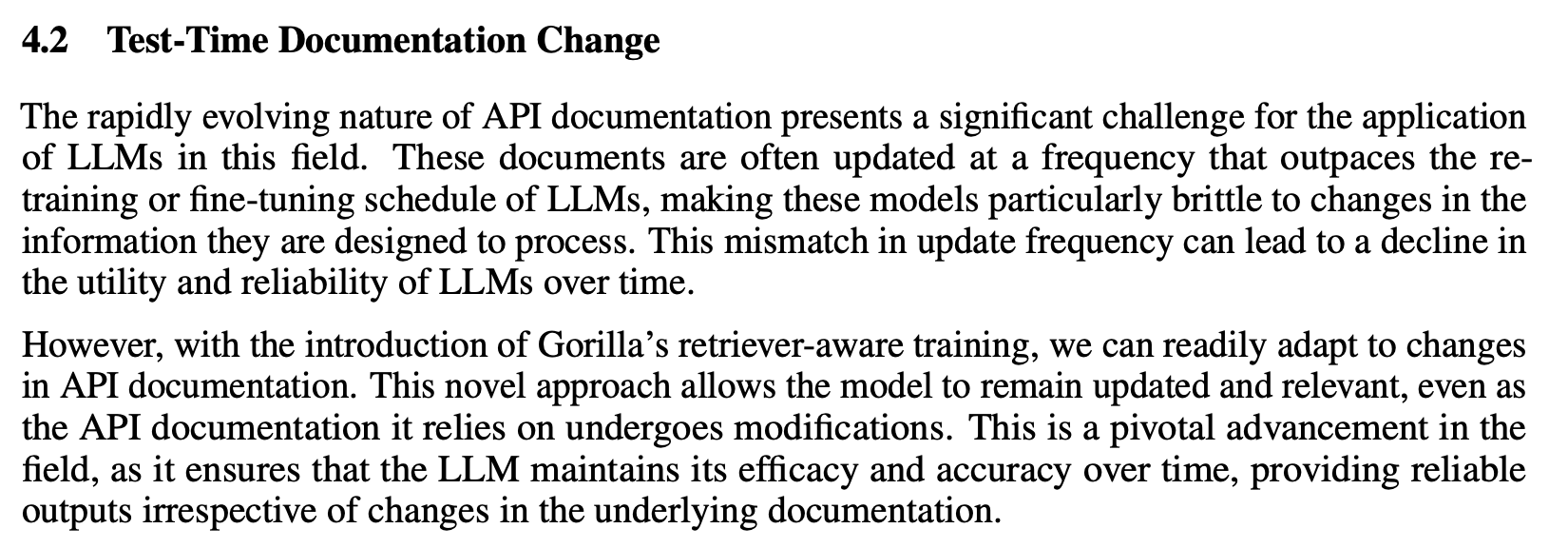 Section 4.2 of the paper, Test-Time Documentation Change, explaining that retriever-aware training lets Gorilla adapt when API documentation changes.