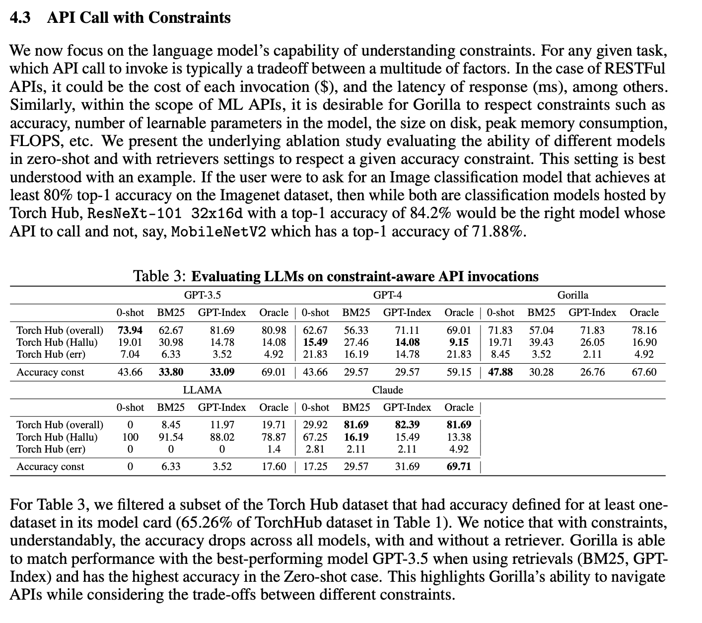 Section 4.3 of the paper, API Call with Constraints, with Table 3 comparing GPT-3.5, GPT-4, Gorilla, LLaMA and Claude on picking APIs that meet an accuracy constraint.