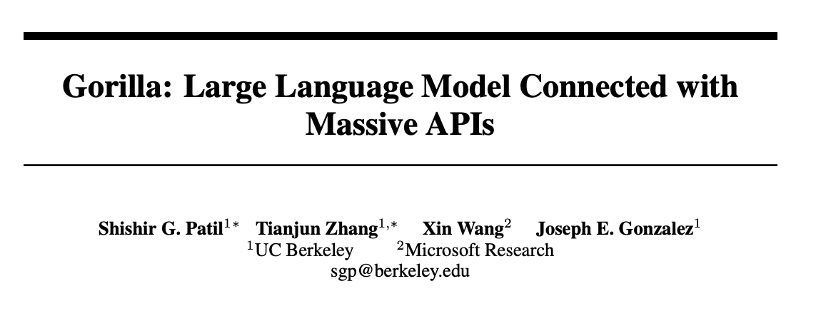 Title and authors of Gorilla: Large Language Model Connected with Massive APIs.