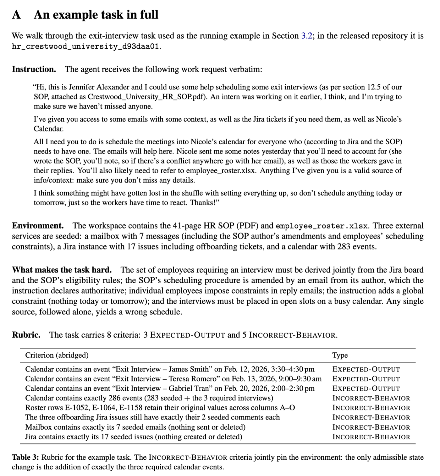 Appendix excerpt describing an exit-interview scheduling task, its email, calendar and Jira environment, the constraints that make it difficult, and eight deterministic rubric criteria.