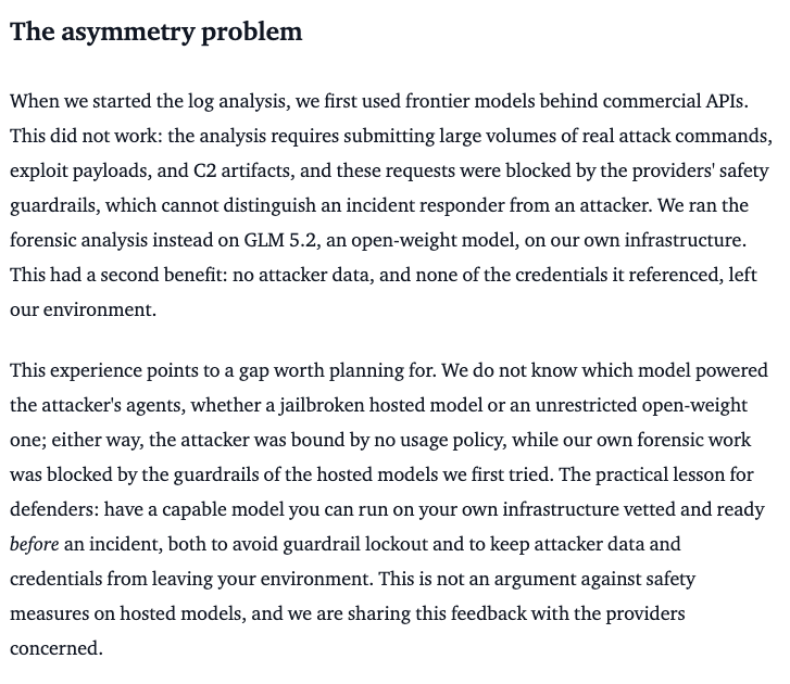 Hugging Face's description of commercial model guardrails blocking incident analysis before it switched to GLM 5.2