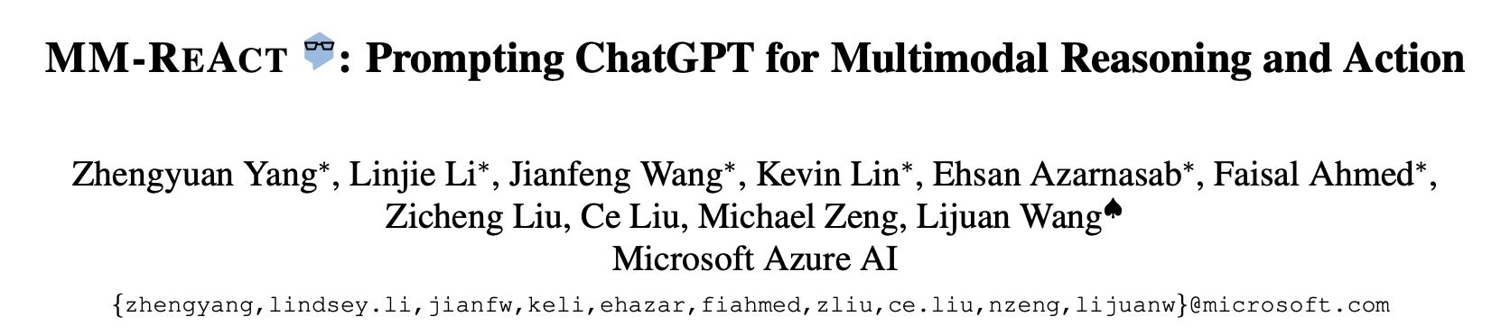 Title and authors of MM-REACT: Prompting ChatGPT for Multimodal Reasoning and Action.