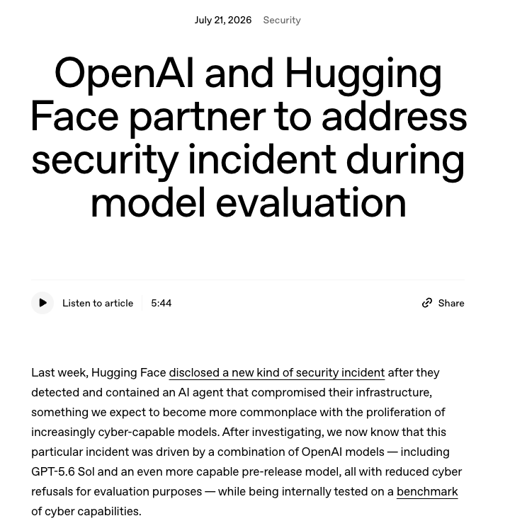 OpenAI's disclosure attributing the Hugging Face security incident to models under evaluation