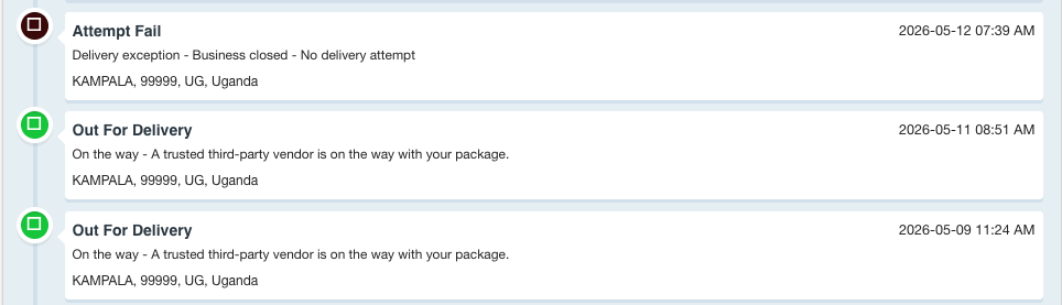 FedEx tracking showing an attempt failure for delivery in Uganda