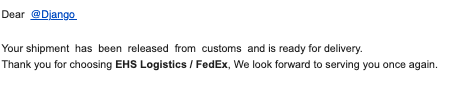 FedEx tracking showing the shipment released and ready for delivery