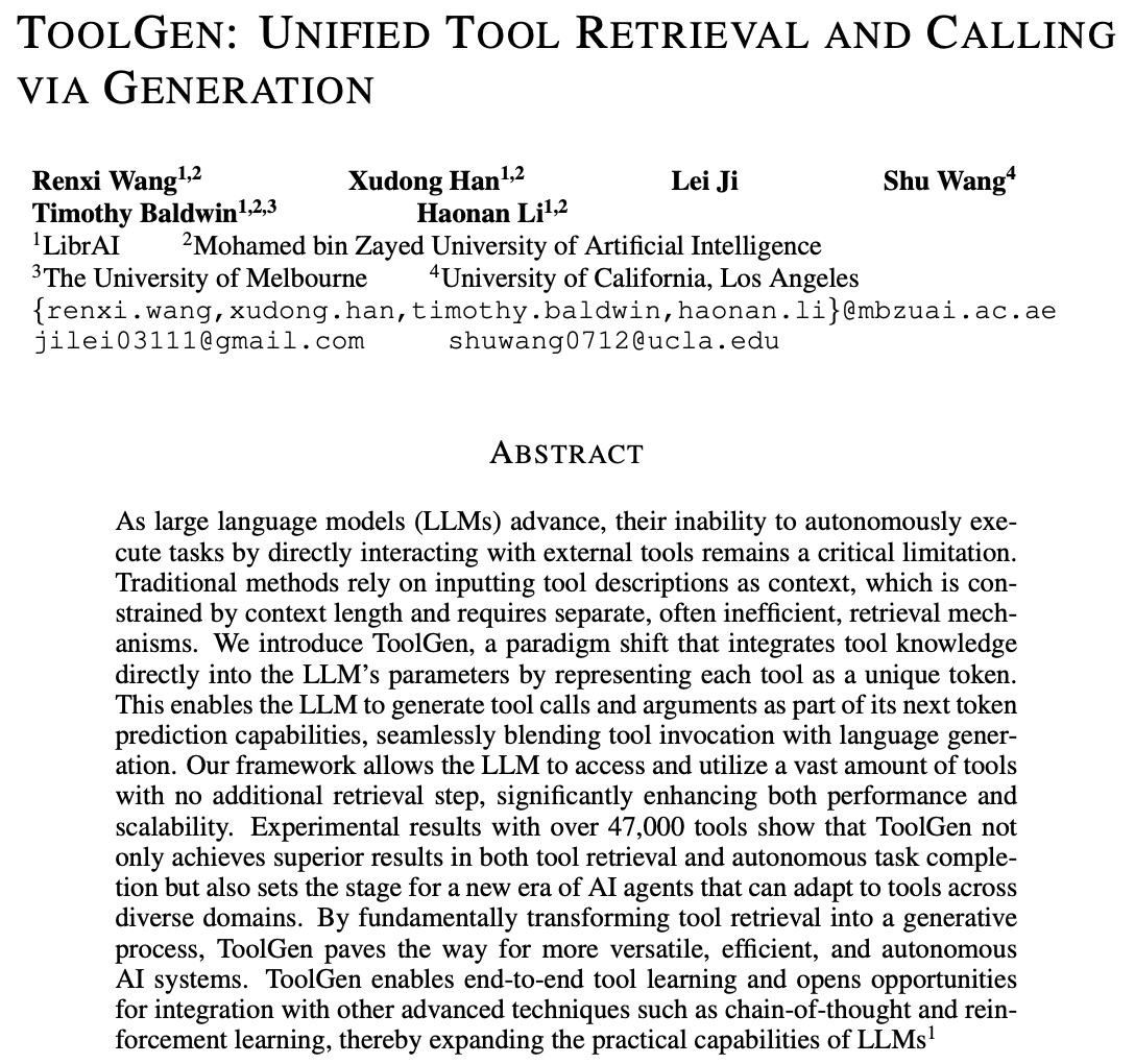 Title, authors and abstract of ToolGen: Unified Tool Retrieval and Calling via Generation.